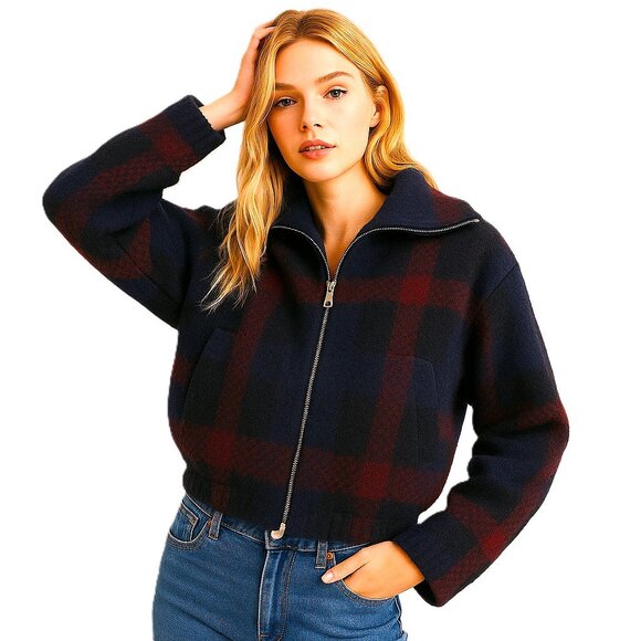 Zara Plaid Bouclé Zip Jacket Cropped Navy Burgundy M – Cozy & Trendy - Picture 1 of 16